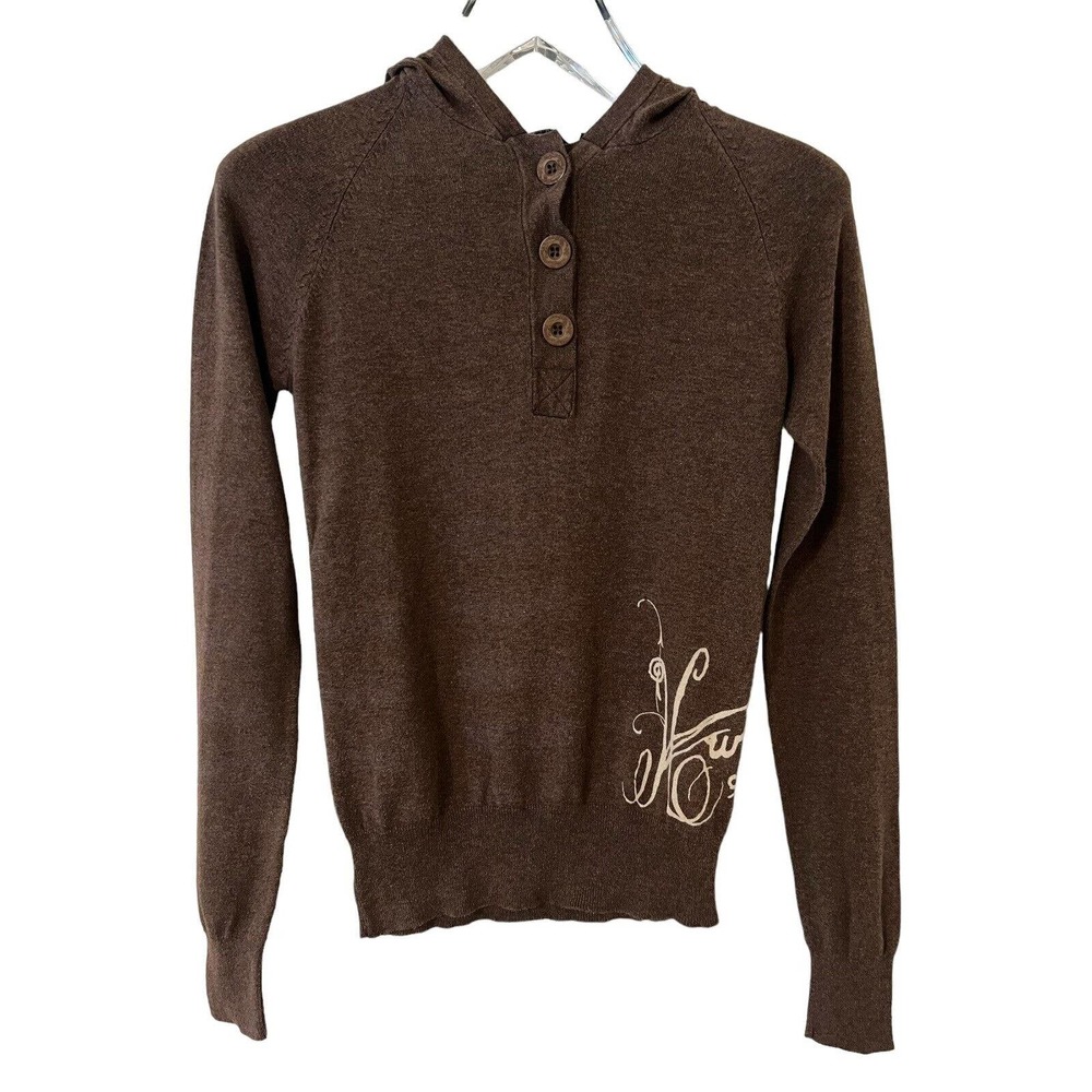 🌵 Hurley Y2K Brown Hooded 1/4 Button Pullover Side Logo Ribbed Sweater - Medium